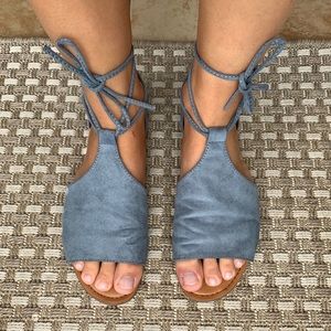Suede wrap tie sandals with a kitten heel